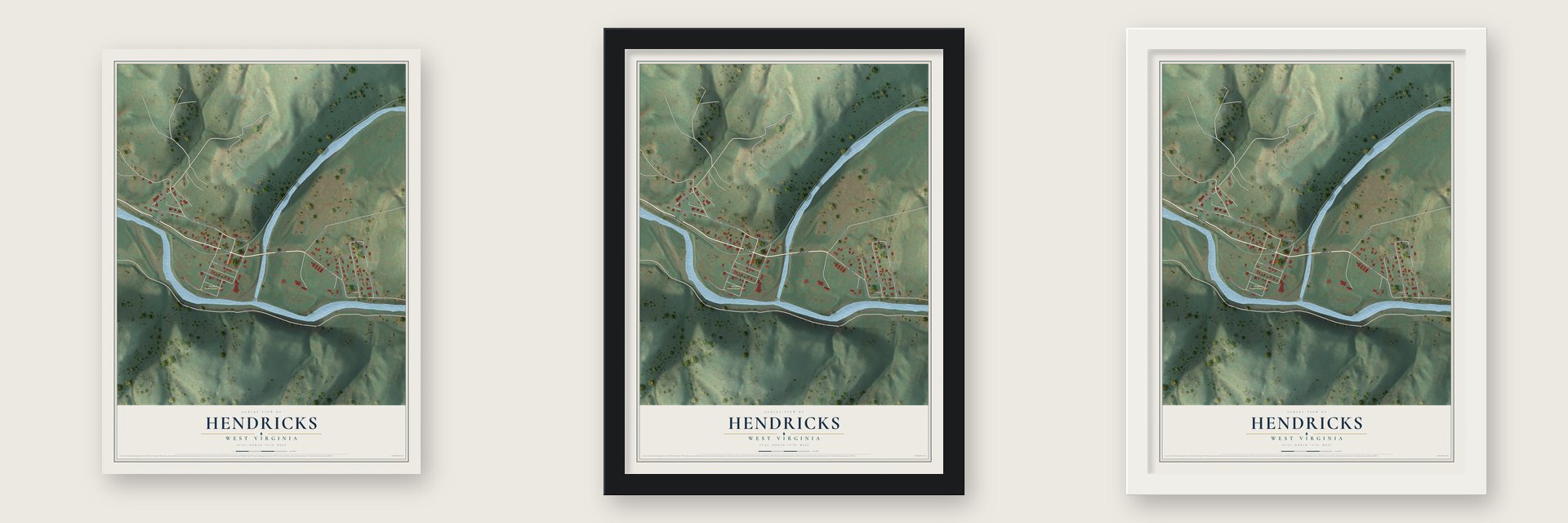 Hendricks, West Virginia map unframed, in a black wood frame and in a white wood frame