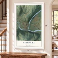Hendricks, West Virginia map, 24 x 36 inch print in a white frame by a staircase
