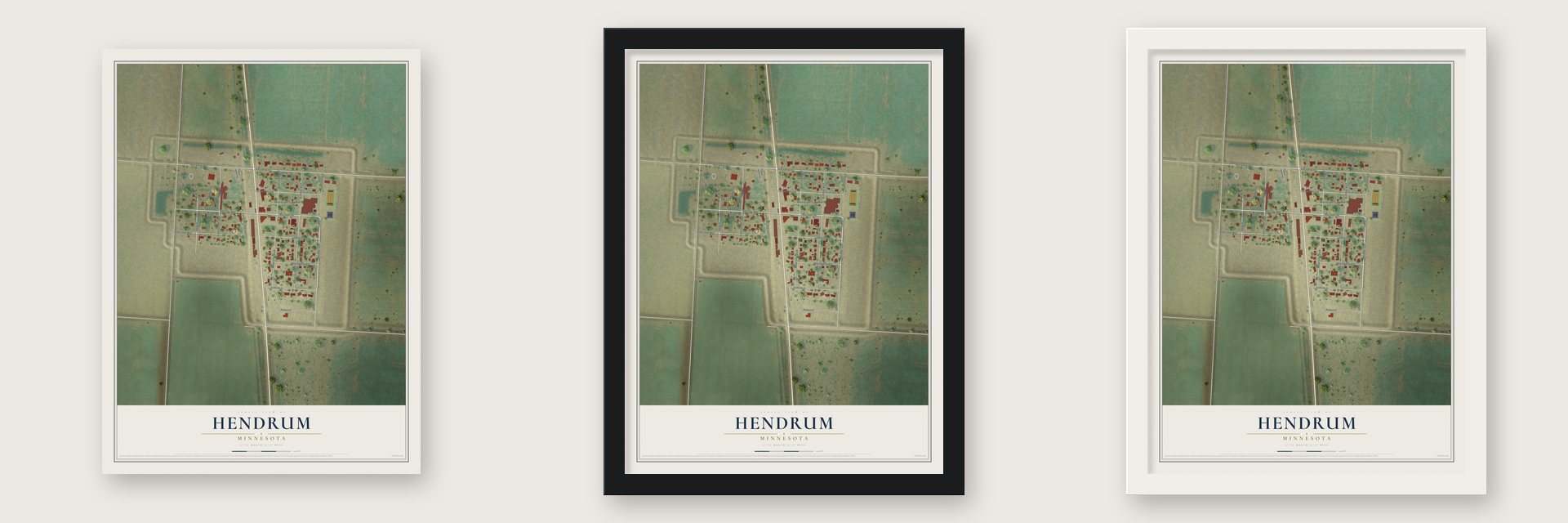 Hendrum, Minnesota map unframed, in a black wood frame and in a white wood frame