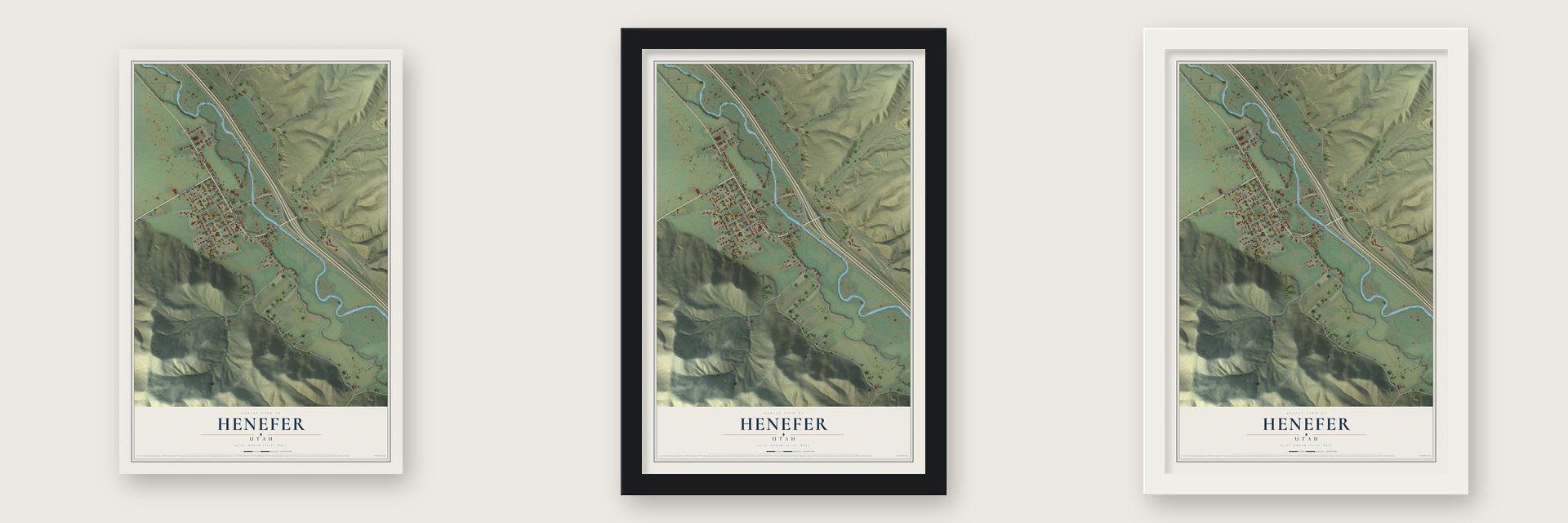 Henefer, Utah map unframed, in a black wood frame and in a white wood frame