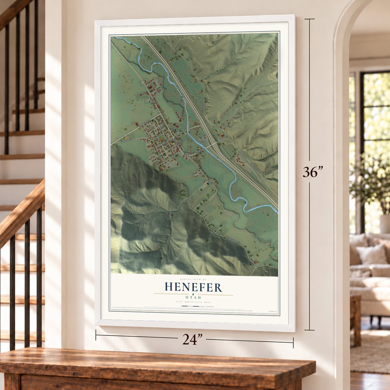 Henefer, Utah map, 24 x 36 inch print in a white frame by a staircase
