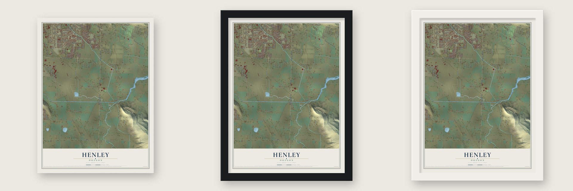 Henley, Oregon map unframed, in a black wood frame and in a white wood frame