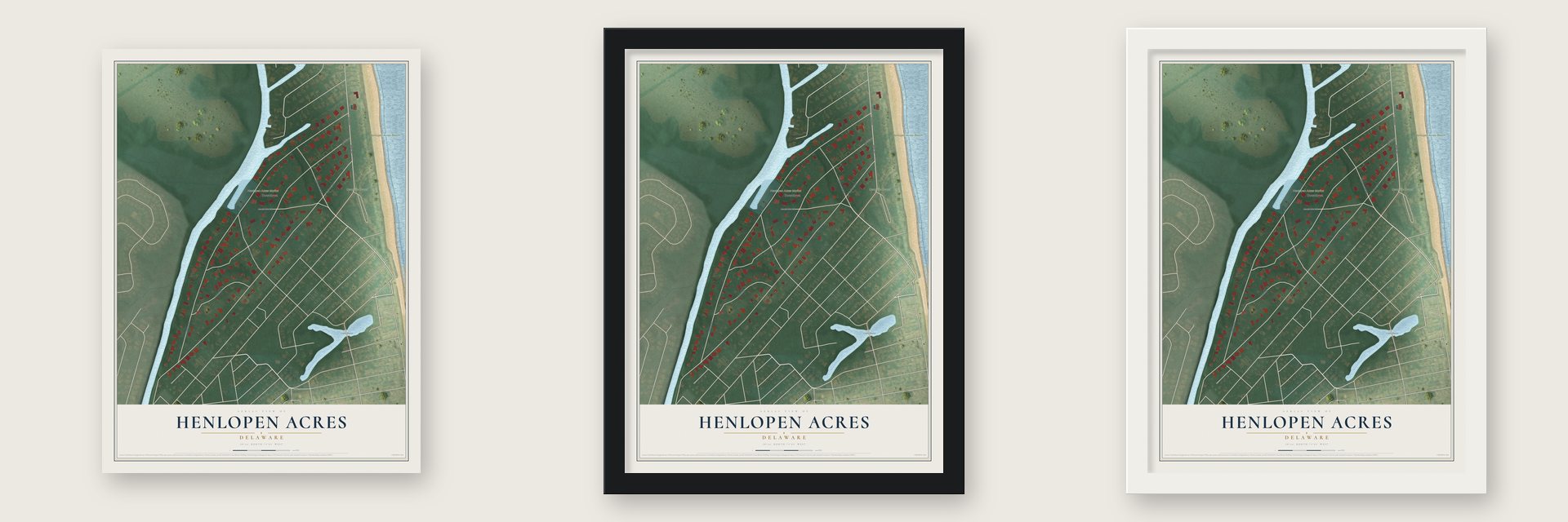 Henlopen Acres, Delaware map unframed, in a black wood frame and in a white wood frame