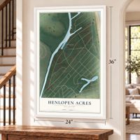 Henlopen Acres, Delaware map, 24 x 36 inch print in a white frame by a staircase