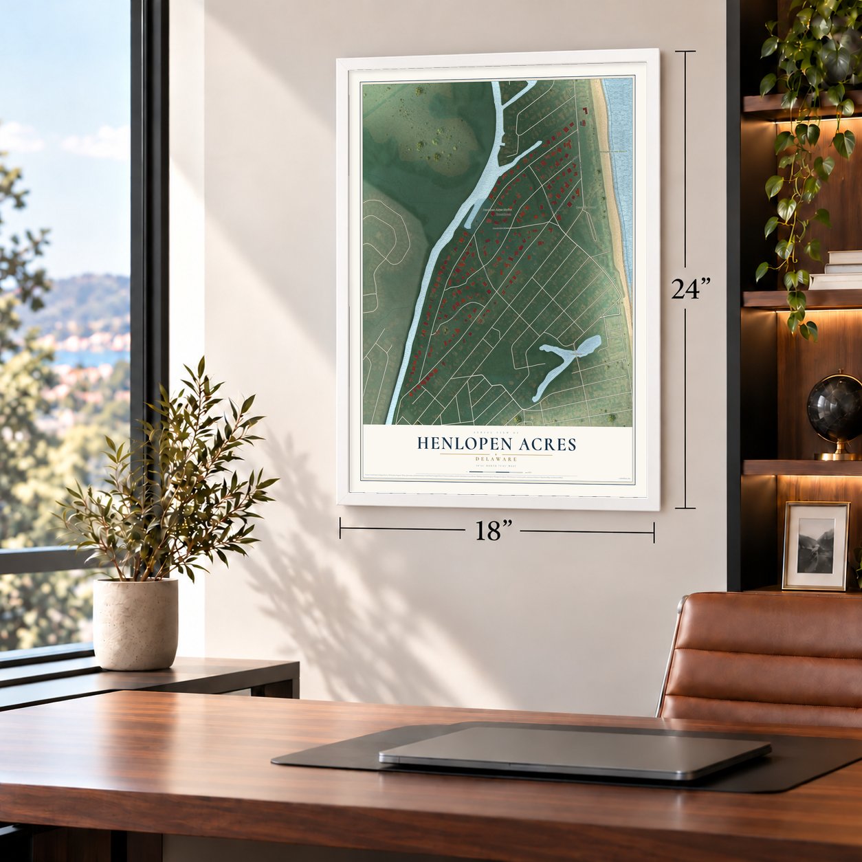Henlopen Acres, Delaware map, 18 x 24 inch print in a white frame in a home office