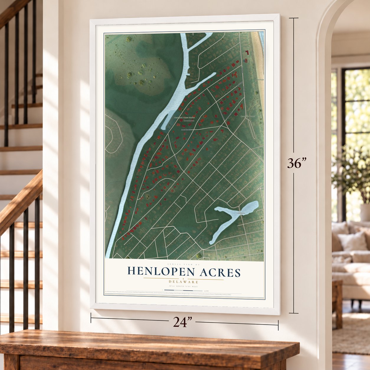 Henlopen Acres, Delaware map, 24 x 36 inch print in a white frame by a staircase