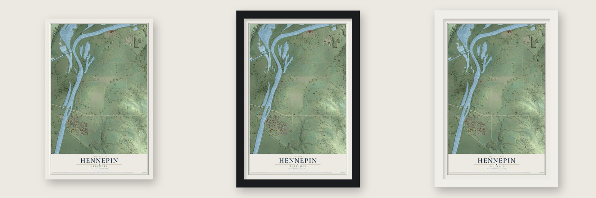 Hennepin, Illinois map unframed, in a black wood frame and in a white wood frame