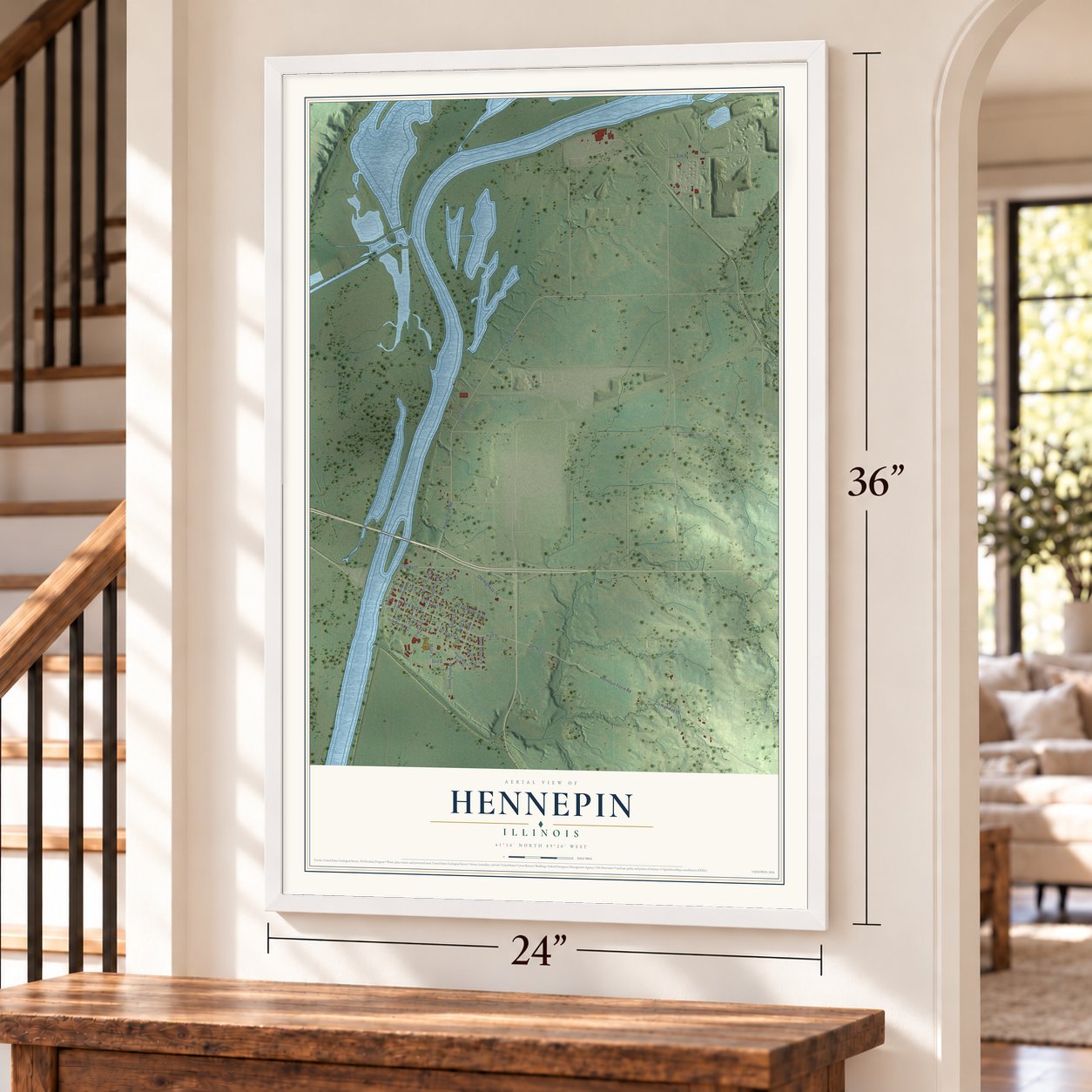 Hennepin, Illinois map, 24 x 36 inch print in a white frame by a staircase