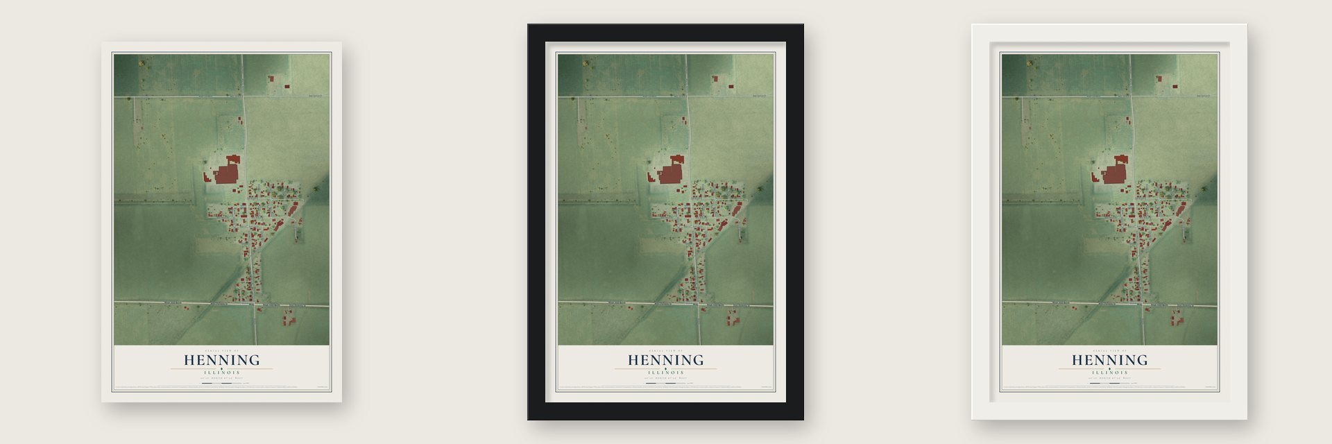Henning, Illinois map unframed, in a black wood frame and in a white wood frame