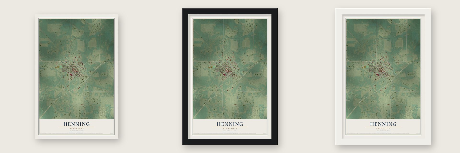Henning, Minnesota map unframed, in a black wood frame and in a white wood frame