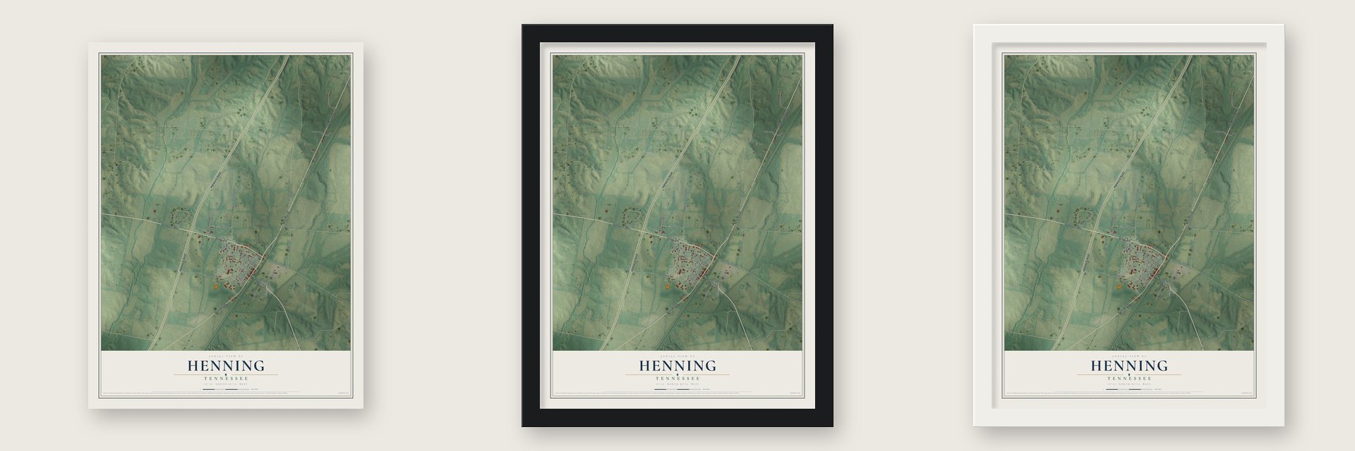 Henning, Tennessee map unframed, in a black wood frame and in a white wood frame