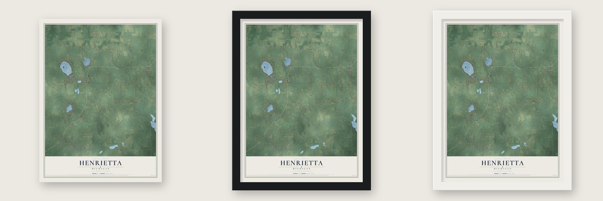 Henrietta, Michigan map unframed, in a black wood frame and in a white wood frame