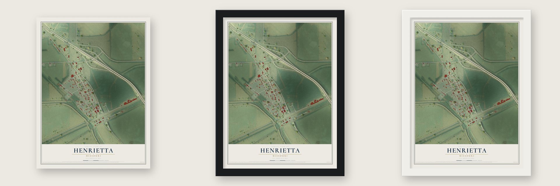 Henrietta, Missouri map unframed, in a black wood frame and in a white wood frame