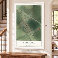 Henrietta, Missouri map, 24 x 36 inch print in a white frame by a staircase