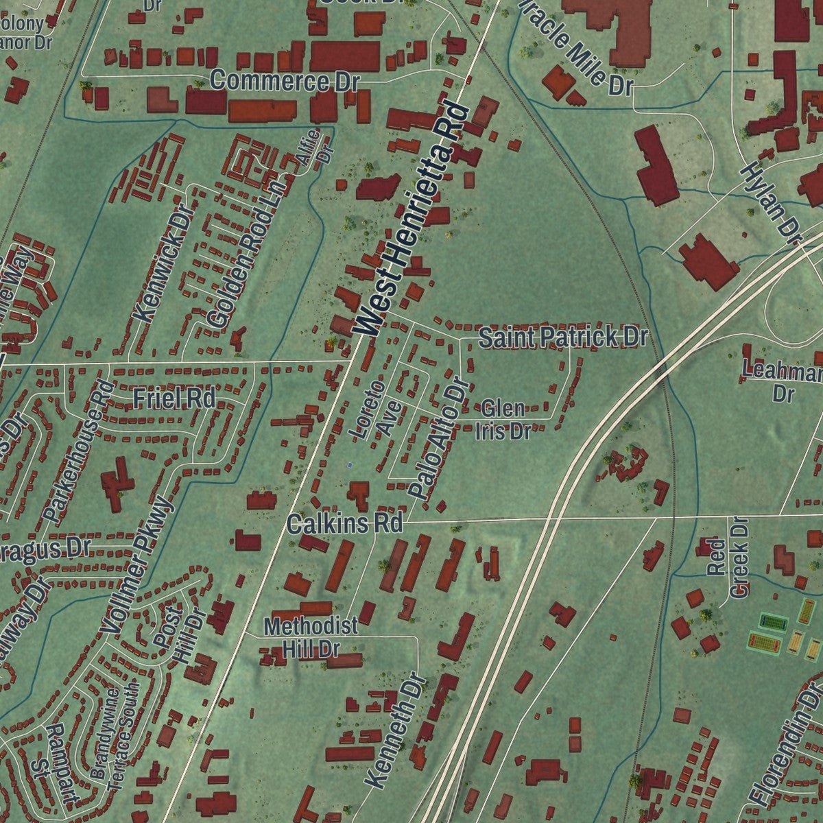 Second close-up of the map of Henrietta, New York print showing more streets and buildings