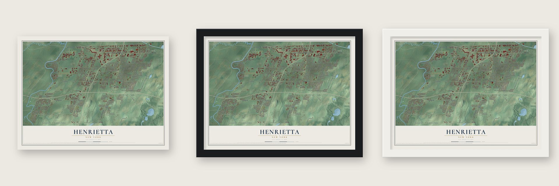 Henrietta, New York map unframed, in a black wood frame and in a white wood frame