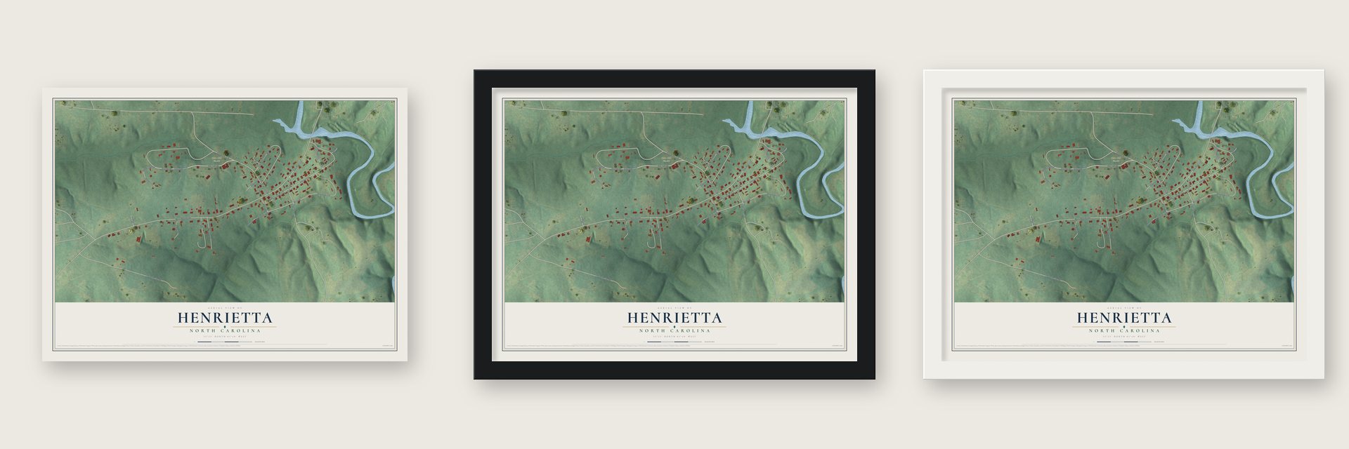 Henrietta, North Carolina map unframed, in a black wood frame and in a white wood frame