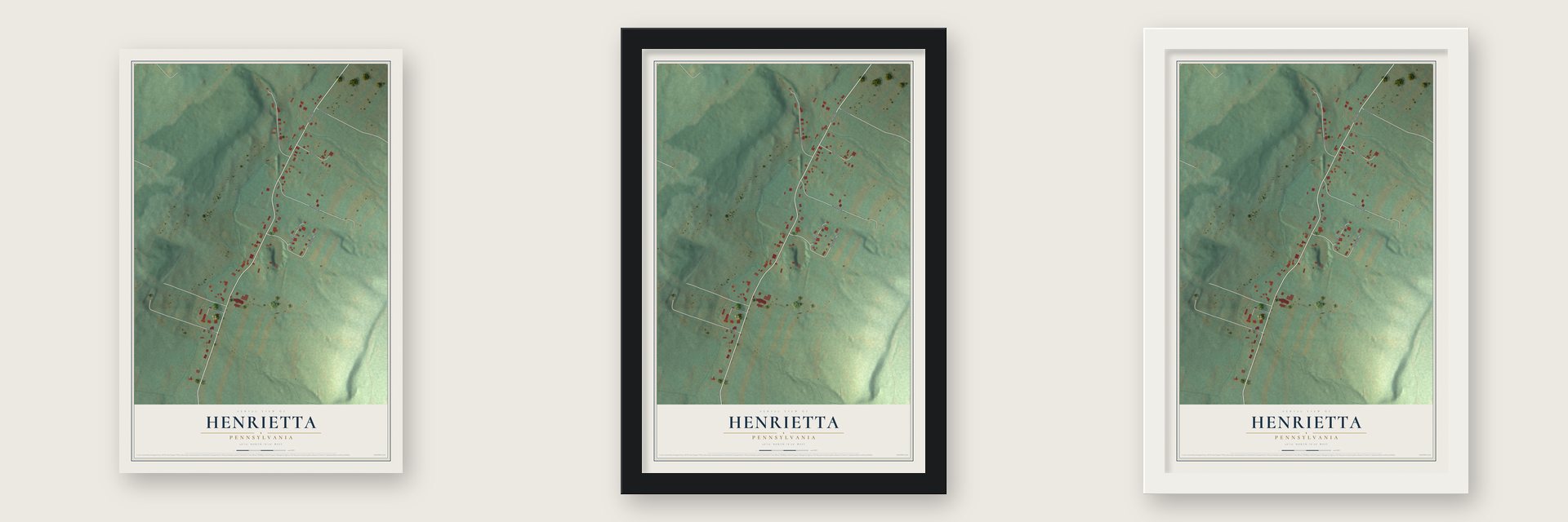 Henrietta, Pennsylvania map unframed, in a black wood frame and in a white wood frame