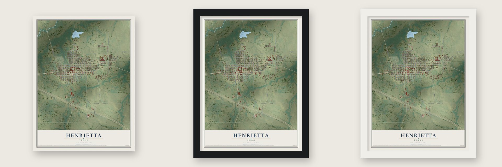 Henrietta, Texas map unframed, in a black wood frame and in a white wood frame