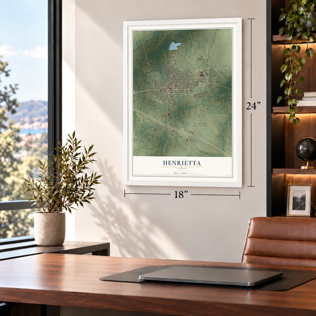 Henrietta, Texas map, 18 x 24 inch print in a white frame in a home office