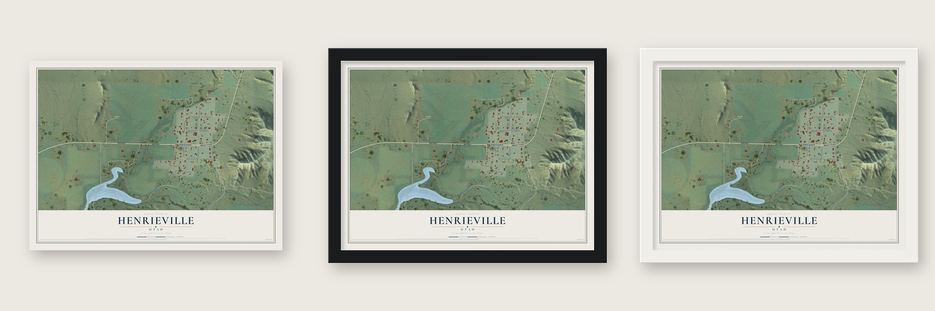 Henrieville, Utah map unframed, in a black wood frame and in a white wood frame