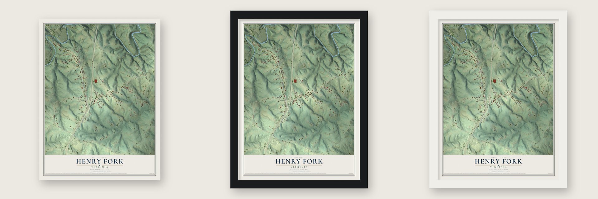 Henry Fork, Virginia map unframed, in a black wood frame and in a white wood frame