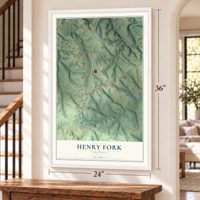 Henry Fork, Virginia map, 24 x 36 inch print in a white frame by a staircase