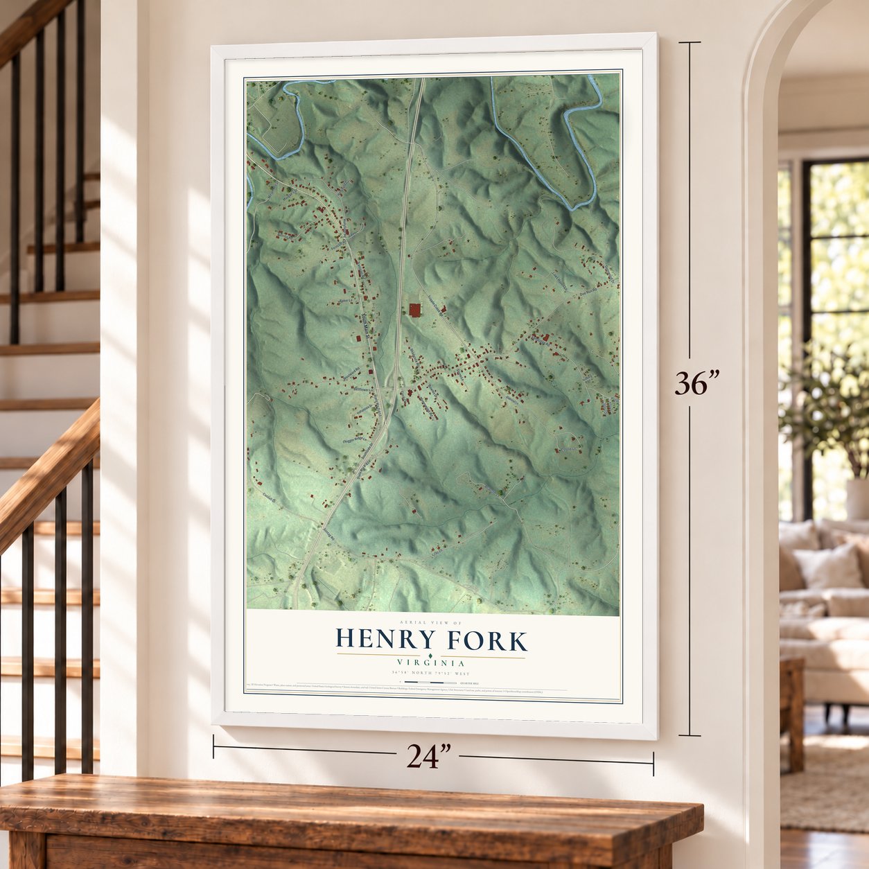 Henry Fork, Virginia map, 24 x 36 inch print in a white frame by a staircase