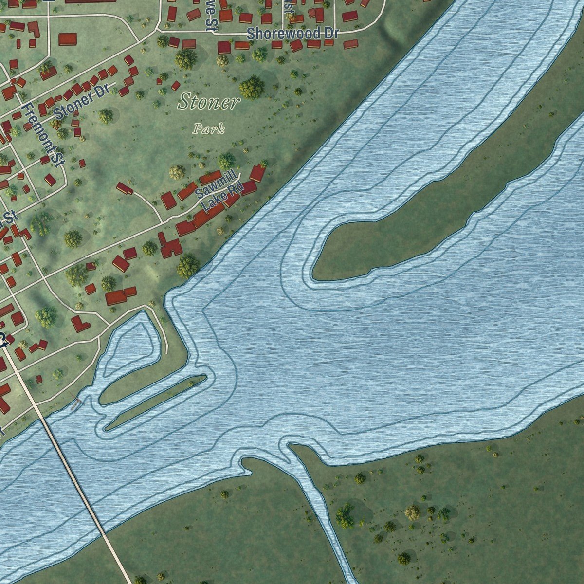 Second close-up of the map of Henry, Illinois print showing more streets and buildings