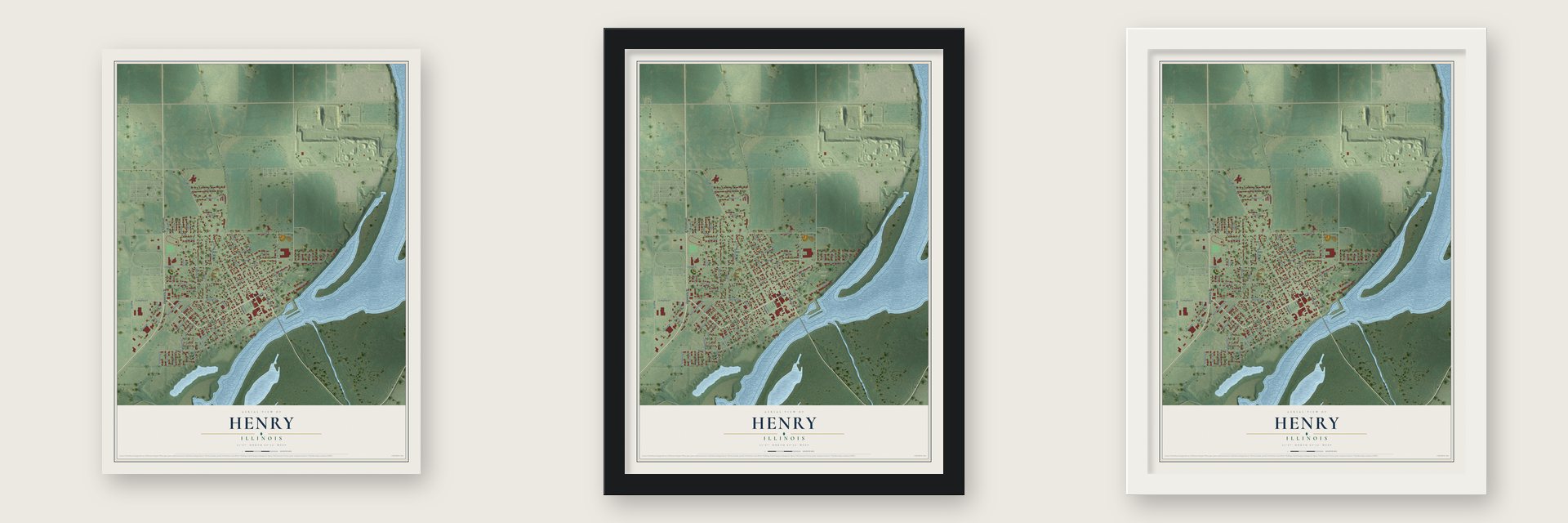 Henry, Illinois map unframed, in a black wood frame and in a white wood frame
