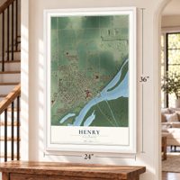 Henry, Illinois map, 24 x 36 inch print in a white frame by a staircase
