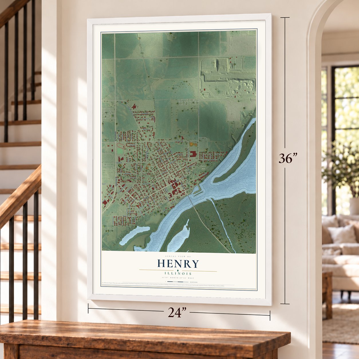 Henry, Illinois map, 24 x 36 inch print in a white frame by a staircase