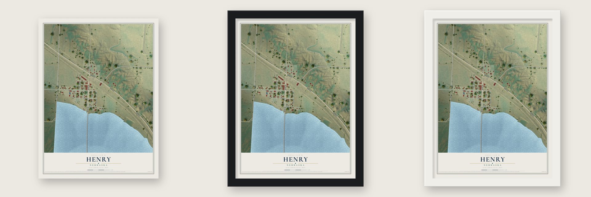 Henry, Nebraska map unframed, in a black wood frame and in a white wood frame