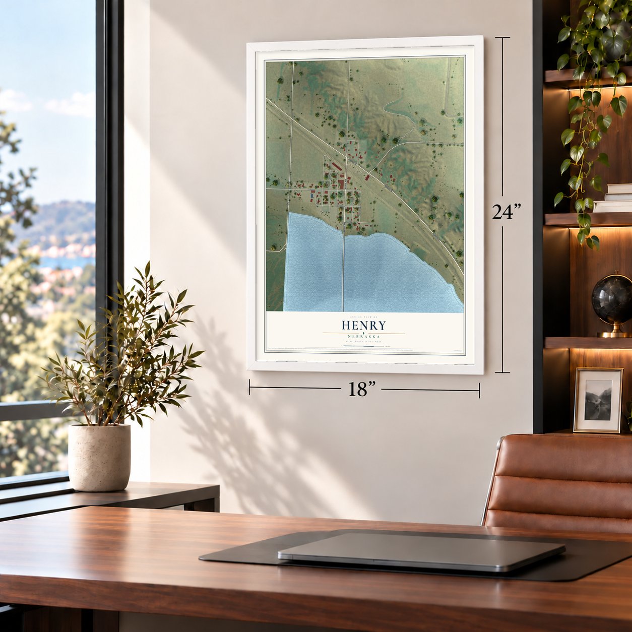 Henry, Nebraska map, 18 x 24 inch print in a white frame in a home office
