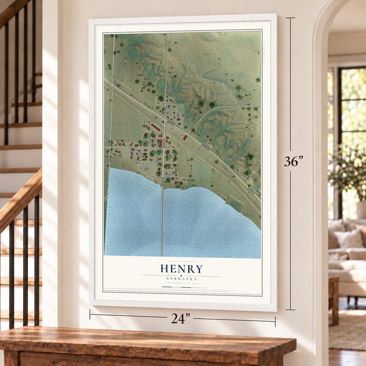 Henry, Nebraska map, 24 x 36 inch print in a white frame by a staircase