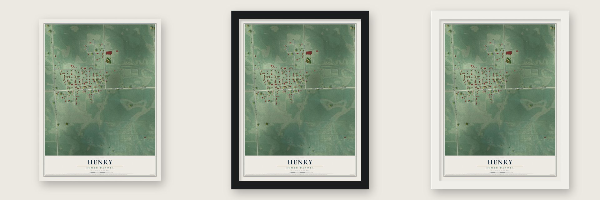 Henry, South Dakota map unframed, in a black wood frame and in a white wood frame