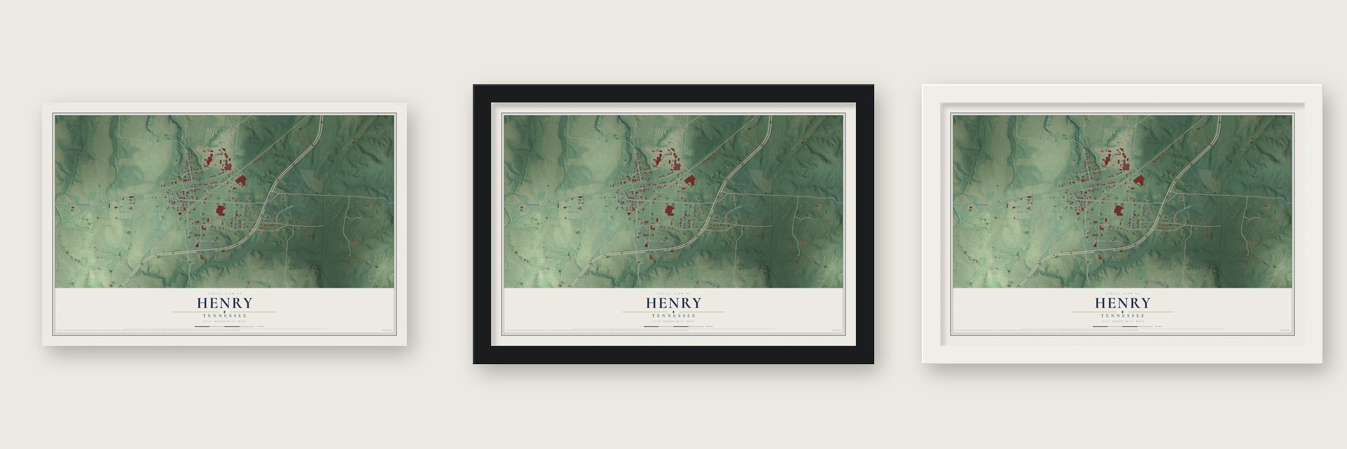 Henry, Tennessee map unframed, in a black wood frame and in a white wood frame