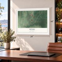 Henry, Tennessee map, 18 x 24 inch print in a white frame in a home office