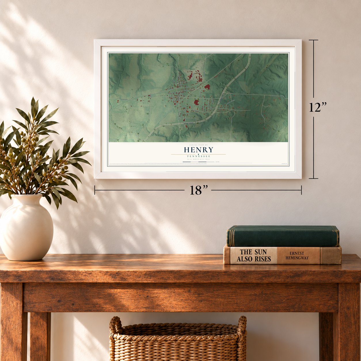 Henry, Tennessee map, 12 x 18 inch print in a white frame in an entryway