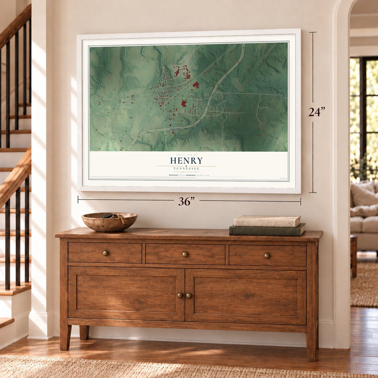 Henry, Tennessee map, 24 x 36 inch print in a white frame above a dresser by a staircase