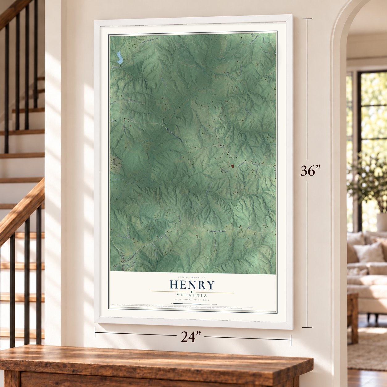Henry, Charlotte County, Virginia map, 24 x 36 inch print in a white frame by a staircase