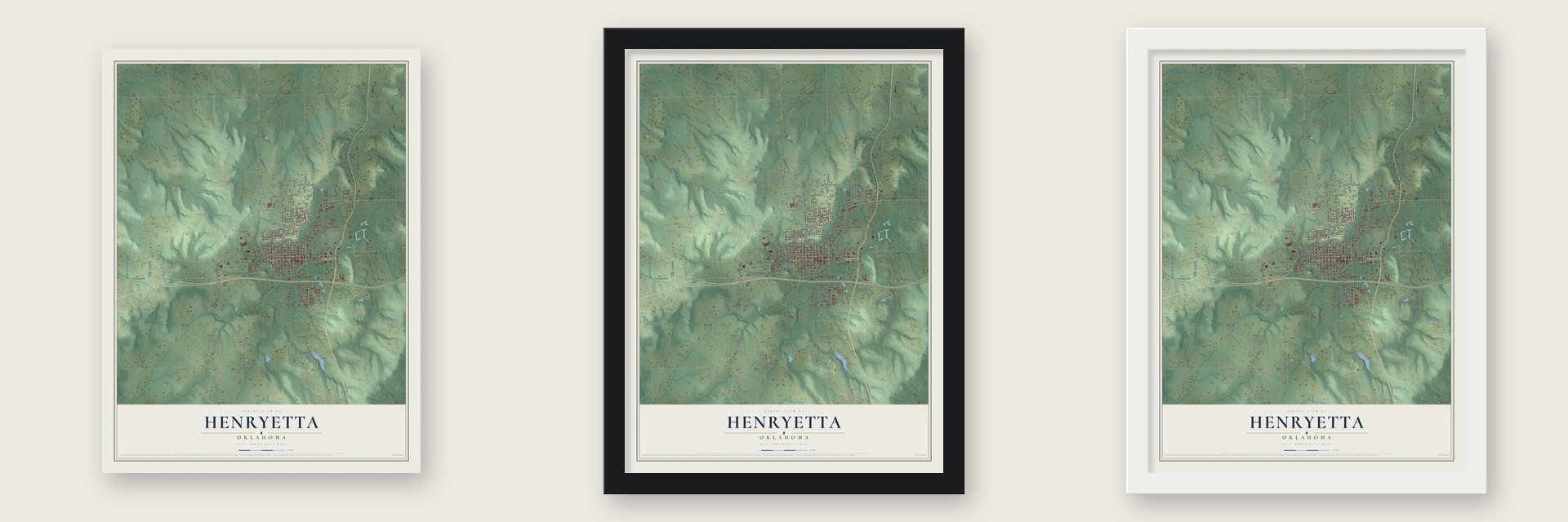 Henryetta, Oklahoma map unframed, in a black wood frame and in a white wood frame