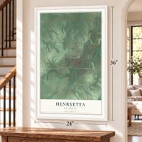 Henryetta, Oklahoma map, 24 x 36 inch print in a white frame by a staircase