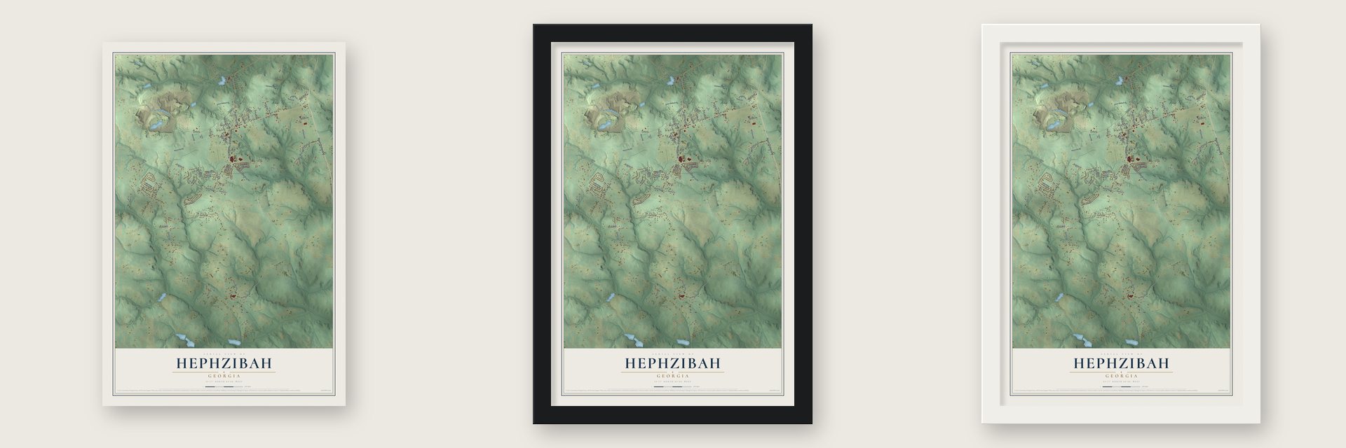 Hephzibah, Georgia map unframed, in a black wood frame and in a white wood frame