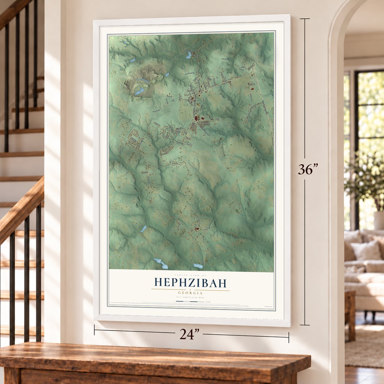 Hephzibah, Georgia map, 24 x 36 inch print in a white frame by a staircase