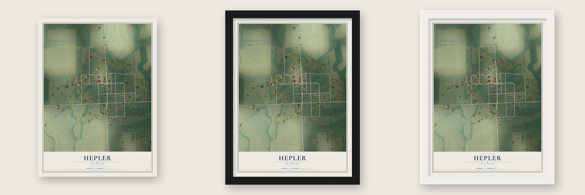 Hepler, Kansas map unframed, in a black wood frame and in a white wood frame