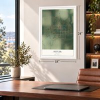 Hepler, Kansas map, 18 x 24 inch print in a white frame in a home office
