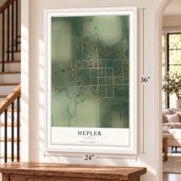 Hepler, Kansas map, 24 x 36 inch print in a white frame by a staircase