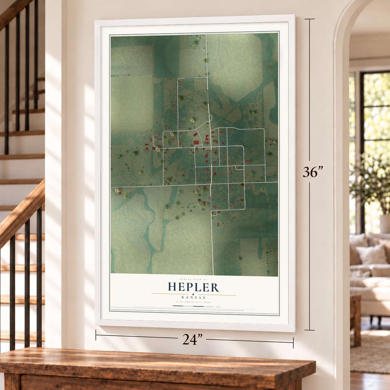 Hepler, Kansas map, 24 x 36 inch print in a white frame by a staircase
