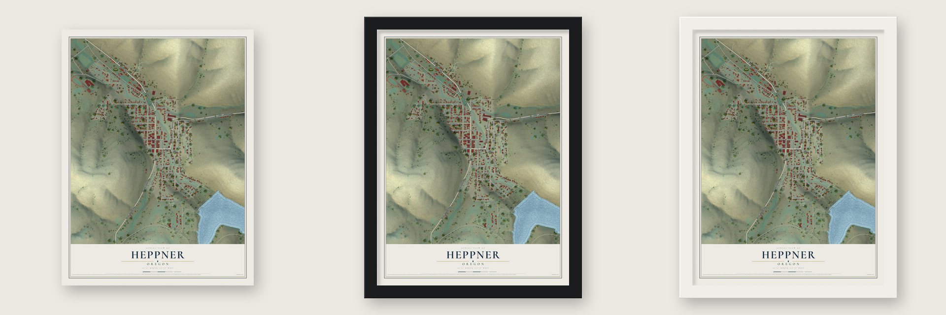 Heppner, Oregon map unframed, in a black wood frame and in a white wood frame